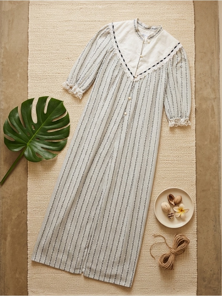 Malsoun Hawaii Womensvintage Maxi Dress Striped Floral Lace Trim Mandarin Collar
